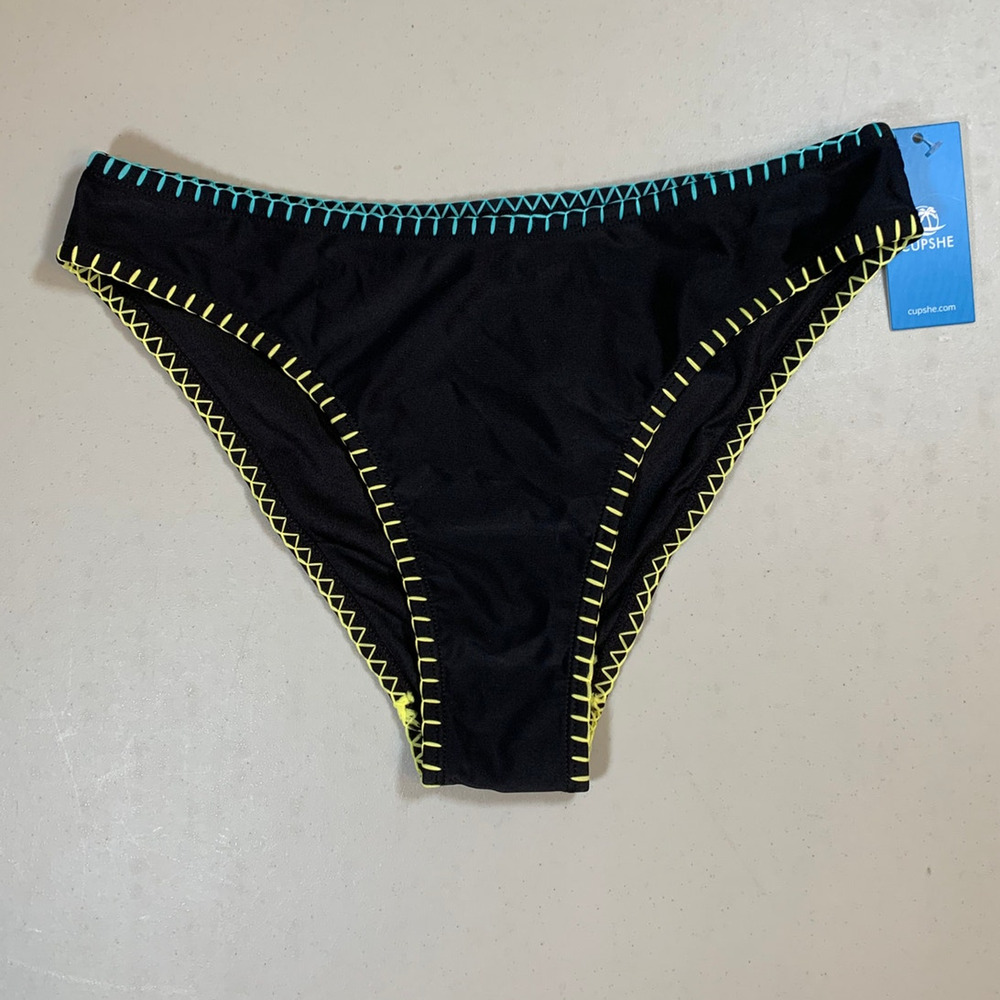 NWT Cupshe Black w/‎ Blue and Yellow Contrast Stitch Classic Bikini Bottoms Sz S